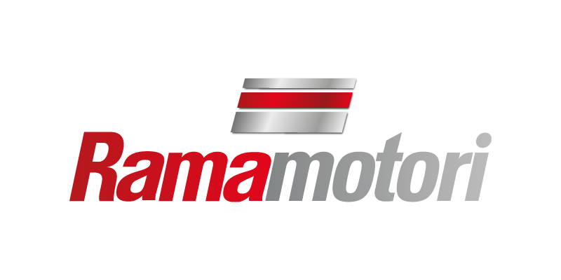 Rama Motori Logo mit rot-grauen Streifen, Schweizer Anbieter für Off-Highway Motorlösungen